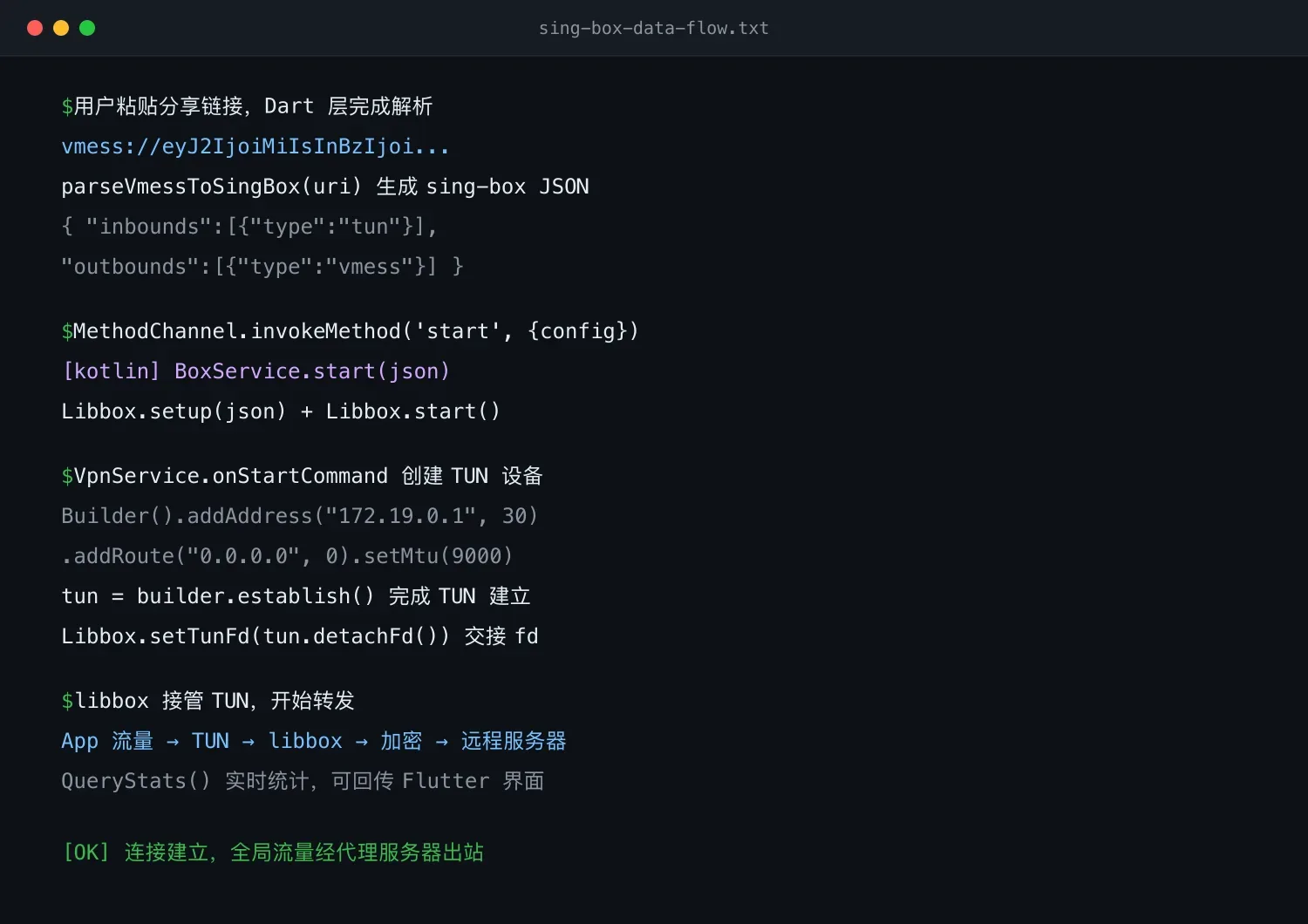 sing-box VPN 客户端完整数据流:从用户粘贴 URI,到 libbox 接管 TUN 转发出站