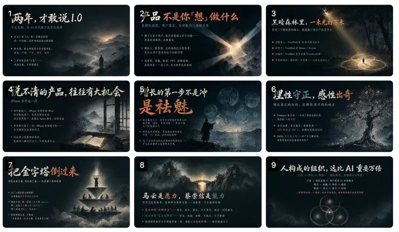 水墨古风 PPT 九宫格效果示例:多页深色水墨风观点页
