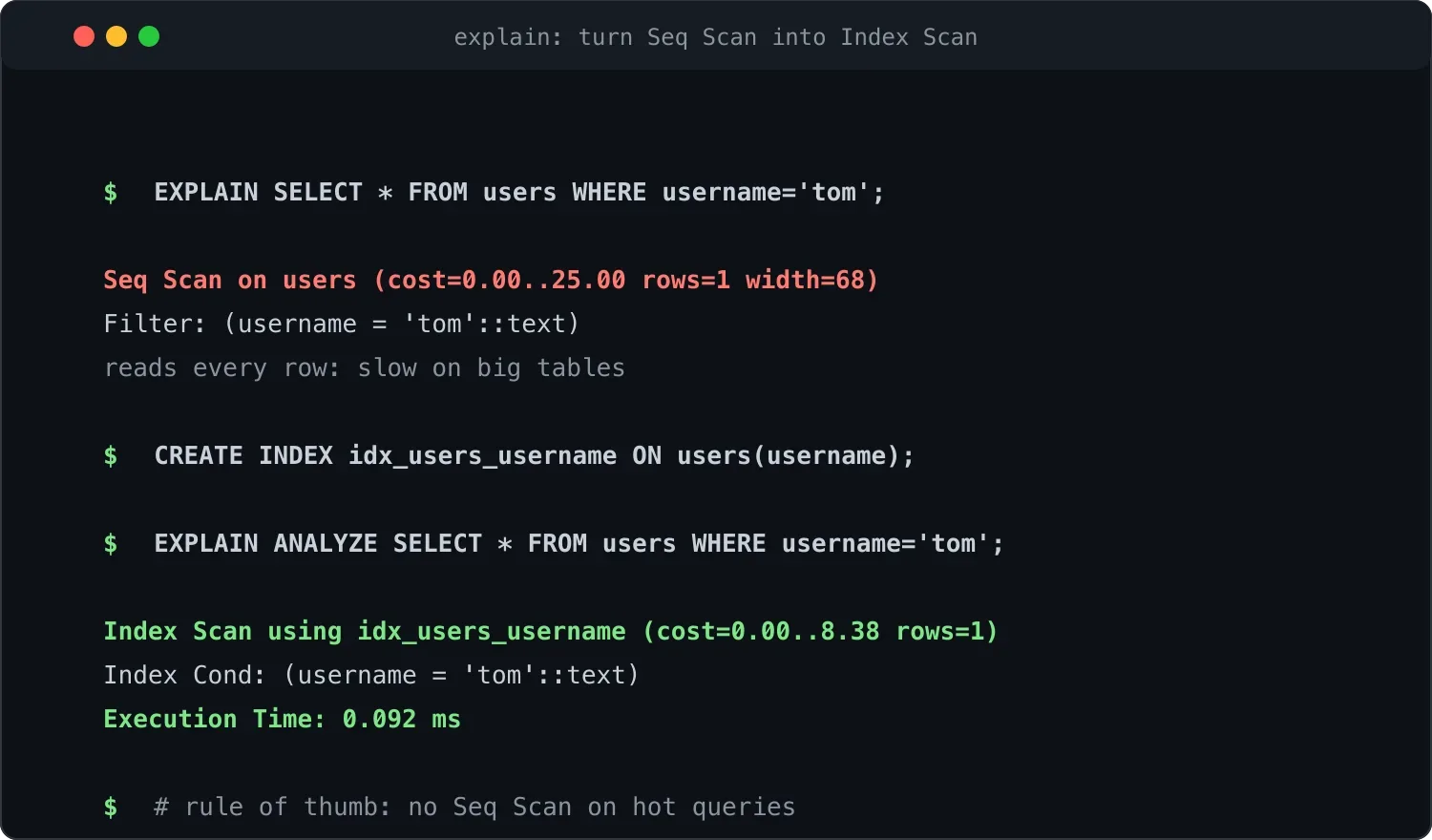 EXPLAIN 对比:把 Seq Scan 变成 Index Scan