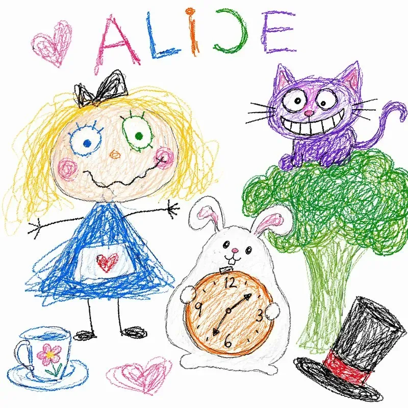 Scribble 生成的爱丽丝主题蜡笔涂鸦示例,ALICE 被画成了 ALIDE