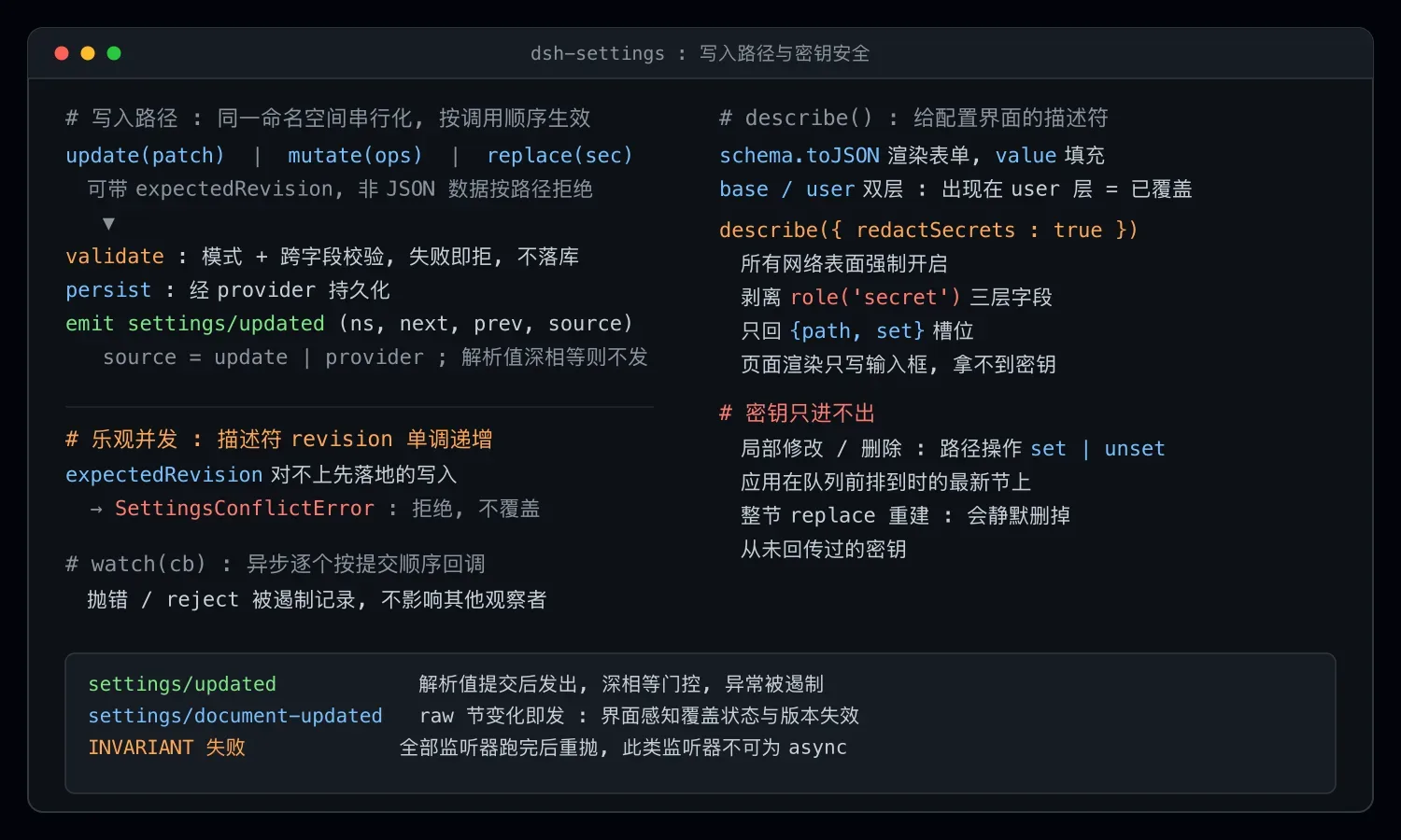 dsh-settings 写入路径与密钥安全:校验、持久化、事件与脱敏