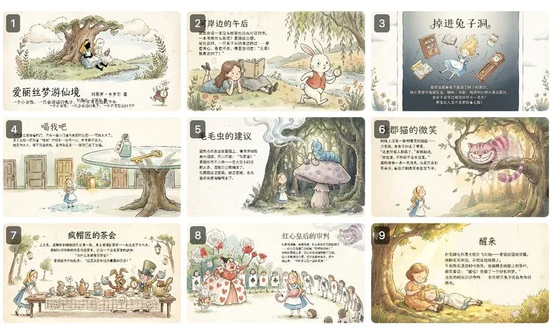 九页的爱丽丝梦游仙境内页展示,水彩手绘风格