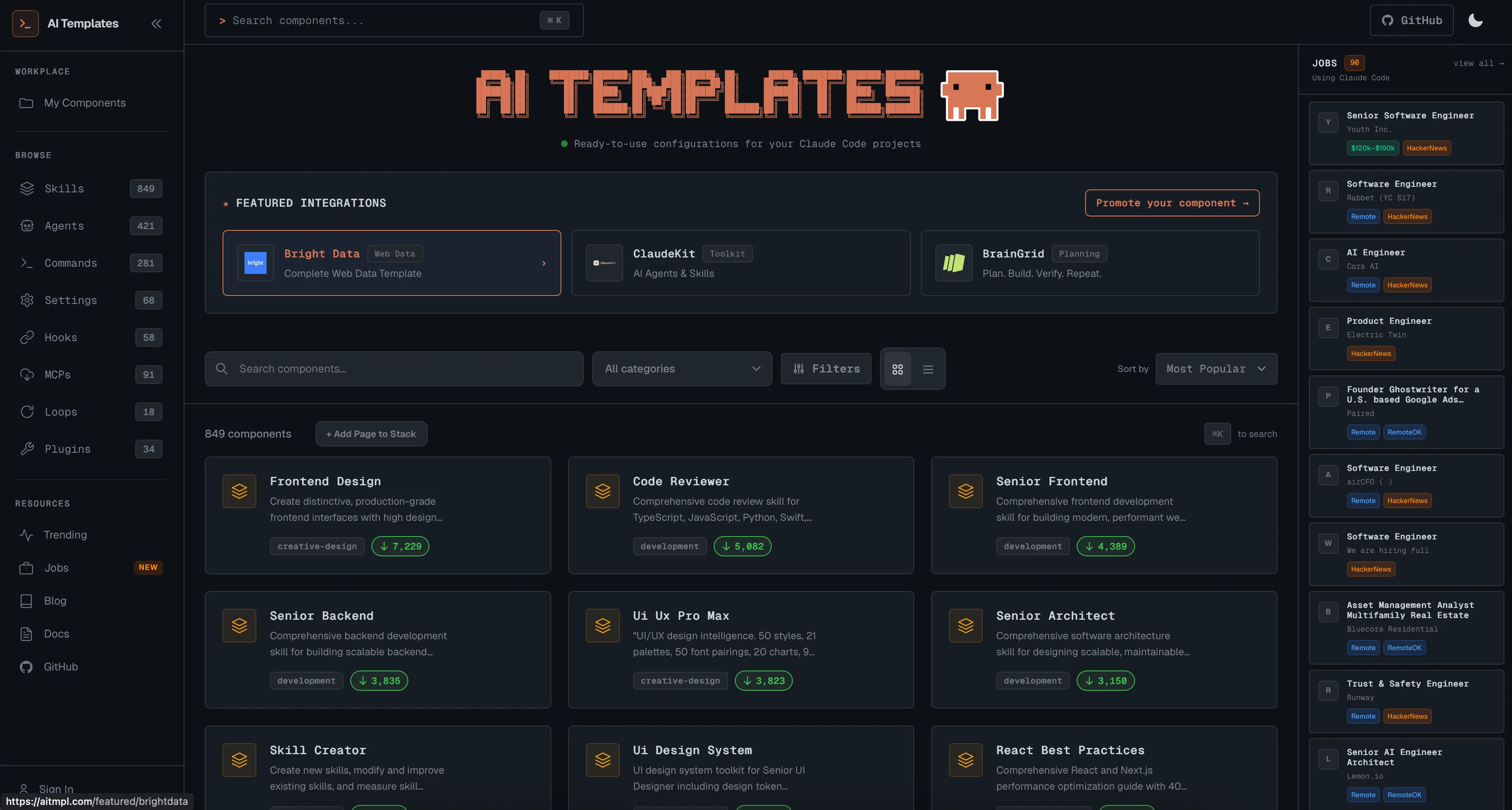 aitmpl.com 的组件目录界面