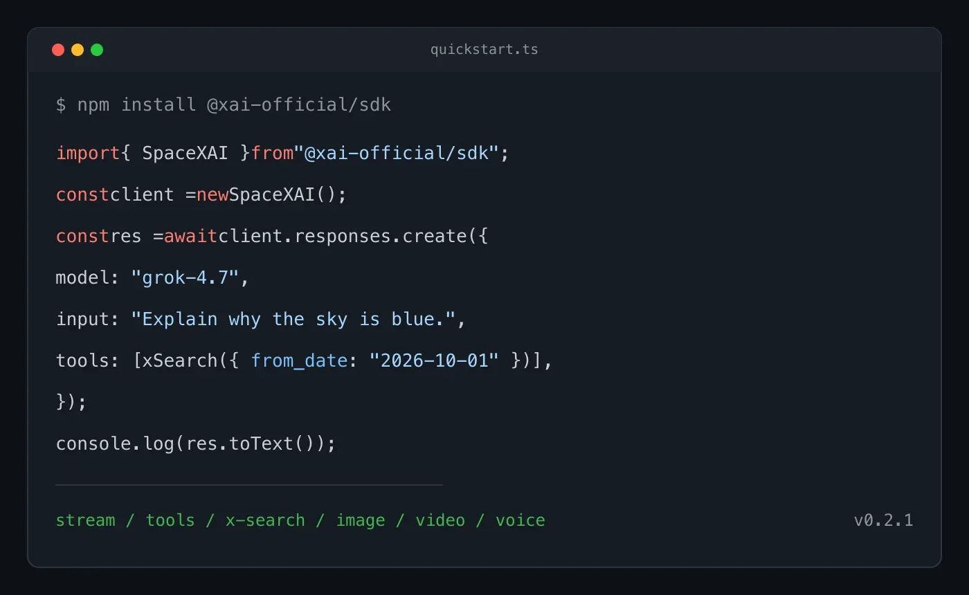Grok 有官方 SDK 了,TypeScript 开发者的 REST 封装可以扔了